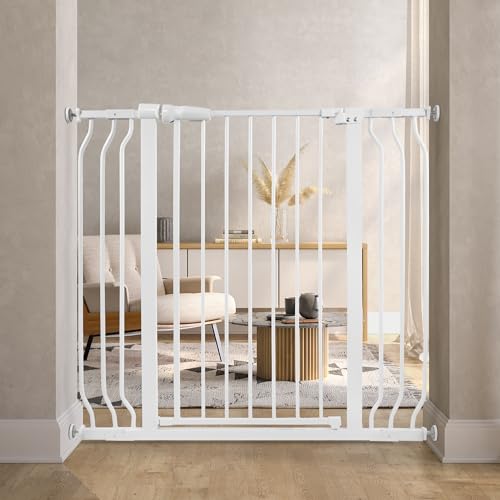 Baby Gate for Stairs Doorways, Safety Pet Gate with Auto-Close/Hold-Open Features, Fits Openings 29.1 to 43.3, 30 Tall, Easy Pressure Mounted Walk Through Baby Dog Gate, White
