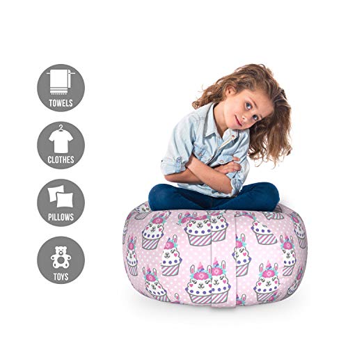 Lunarable Llama Storage Toy Bag Chair, Romantic Print Of Cupcakes With Animal Faces In Floral Details Polka Dots, Stuffed Animal Organizer Washable Bag, Small Size, Pink Multicolor #TOP1