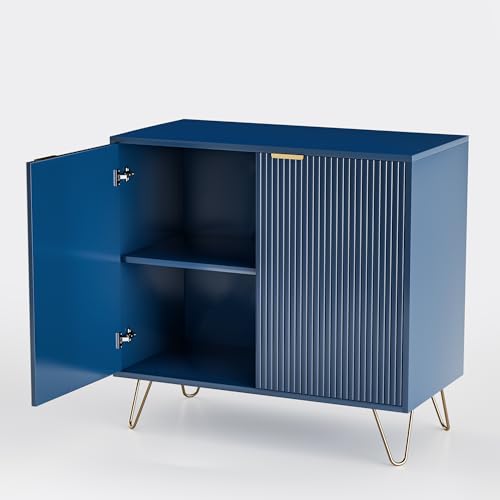 Julyue Aparador para salón, color blanco con 4 puertas, armario de almacenamiento para cocina, armario de cocina, armario de cocina para pasillo, salón, cocina (azul oscuro)