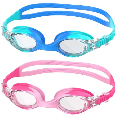 Ambienden 2 Pcs Occhiali Nuoto Bambini, Anti-Fog con Visione Chiara, Protezione UV, Guarnizione in Silicone, Piccolo Telaio Occhiali da Nuoto Unisex per Bambini da 6 a 14 anni, Gradient Blue + Pink