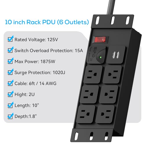 Protector eléctrico GUITK Rack PDU 10" 2U con 6 tomas, protección contra sobretensiones de 1020J, 125V/15A, cable 14AWG de 1.83 m y 2 puertos USB-A miniatura 4