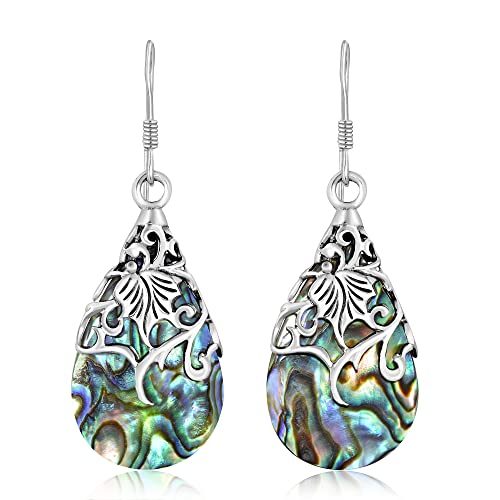 AeraVida Floral Vine Ornate Teardrop Abalone Shell .925 Sterling Silver Earrings | Abalone Earrings