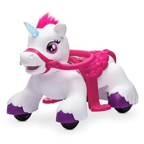 Kidzone 12V Unicorn Ride On Horse Toy for Toddlers 1.5-3 Years Old, Interactive Kids Electric Riding Gift w/Carrot Toy, Comb and Funny Animal Sounds, White