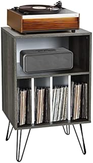 CASART Record Player Stands, Vintage Turntable Stand with Metal Legs & 5 Open Shelves, Vinyl Record Storage Cabinet Side Tables Holds up to 150 Albums for Living Room Bedroom Office(Taupe + White)
