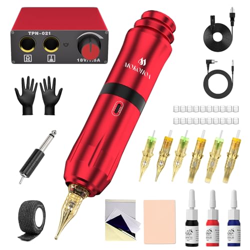 Mokohoa Máquina de tatuagem para iniciantes, conjunto de máquina de tatuagem com tinta, agulhas de cartucho, folha de prática, luvas de borracha, acessórios para tatuagens (vermelho vinho)