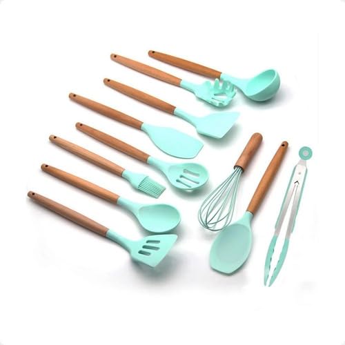 Kit 12 Peças Utensílios De Cozinha Em Silicone Antiaderentes Com Cabo De Madeira Com Suporte Colher