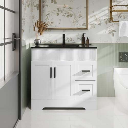 Image of eclife 36 inch Bathroom Vanities Sink Combo with Painted Surface, Modern Drawered Cabinet W /Decorative Wave Lines, Undermount Black White Sink, Matte Black Faucet Drain, White