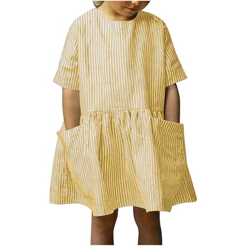 Girls Casual Dress Stripe Shirt Dresses Summer Linen Dresses Crew Neck Short Sleeve Dress with Pockets Daily Outfits