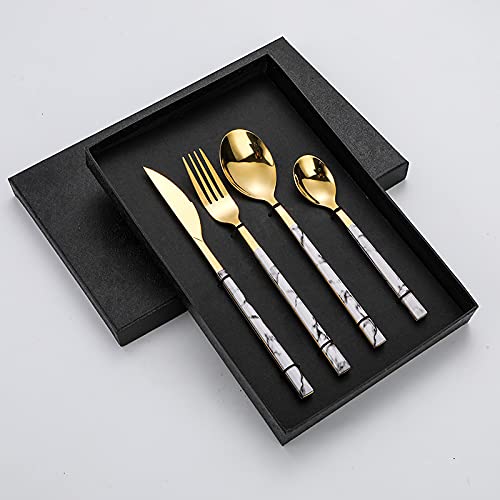 Lagnlnaoy 4pcs Western Style Stainless Steel Cutlery Set Marble Pattern Steak Knife Fork Spoon Durable Tableware Home Kitchen Utensils,Dinnerware Sets for Christmas Party Kitchen Wedding