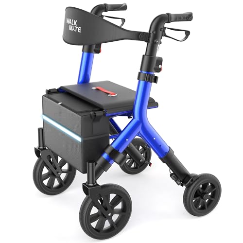 WALK MATE Rollator Walker for Seniors Taller 5.3~7ft with Height-Adjustable Seat, Built-in Cable, 10 Inch Wheels Walkers Compact Folding Design Mobility Walking Aid Widen Backrest, Blue