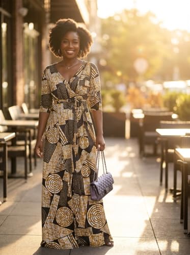 Image of Yajedo Womens Casual Summer Maxi Dress Plus Size Sexy Wrap V Neck 3 /4 Sleeve Sundress with Pockets