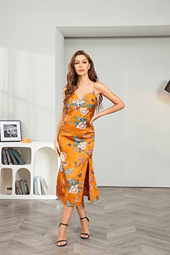 Image of Tsher Women's Sleeveless Spaghetti Strap Satin Wedding Guest Party Dress Cowl Neck Backless Midi Formal Dresses