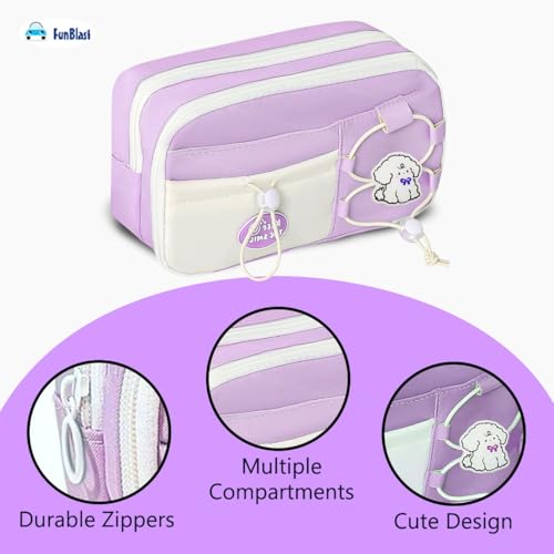Image of FunBlast Pencil Pouch for Girls - Aesthetic Multi-Compartment Zipper Pouch with Drawstring Pocket, Cute Kawaii Pencil Case, Stylish Stationery Pouch, Return Gift for Kids & School Use (Purple2)