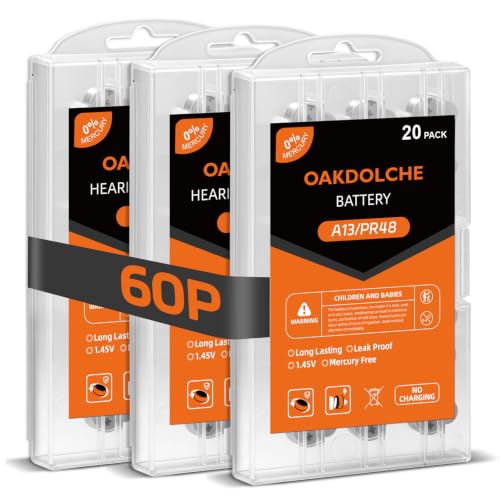 OAKDOLCHE Hearing Aid Batteries Size 13 60 Count Mercury Free Zinc Air 1.4V Long Lasting & Easy to Open
