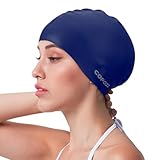 COPOZZ Women‘s Swim Cap for All Hair - Large, Comfortable Silicone Swimming Cap, Waterproof Design for Long, Short, Thick & Curly Hair | Secure & Comfortable Fit (Blue-12yrs+)
