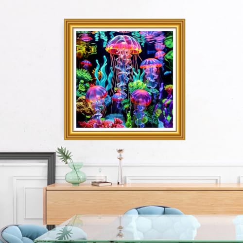 Image of Foxhool Stamped Cross Stitch Kits,11CT Printed Cross Stitch Pattern Full Embroidery Kits for Beginner Needlepoint Kits&Rainbow Jellyfish 18x18 inch
