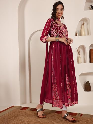 Image of EthnicJunction Women's Georgette Embroidered and Sequence Work Naira Cut Kurta and Dupatta Set