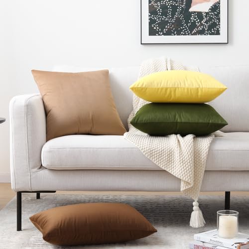 Image of Mixhug Decorative Throw Pillow Covers, Velvet Cushion Covers, Solid Throw Pillow Cases for Couch and Bed, Tan, 26 x 26 Inches, Set of 2