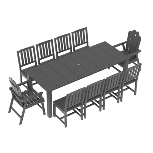 Ayge 11-Piece 10-Seat Patio Dining Set, HDPE All-Weather Outdoor Furniture with Umbrella Hole Table, 2 Armchairs & 8 Armless Chairs (Gray) Grey 11
