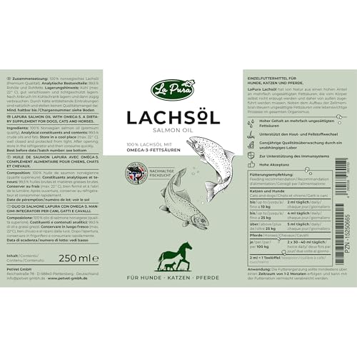 LaPura Lachsöl für Hunde, Katzen & Pferde - 100% Natur, mit Omega-3 & Omega-6 für Haut- & Fellpflege, Immunsystem, Beweglichkeit, Barf Öl ohne Zusätze, Premium Fischöl 250 ml