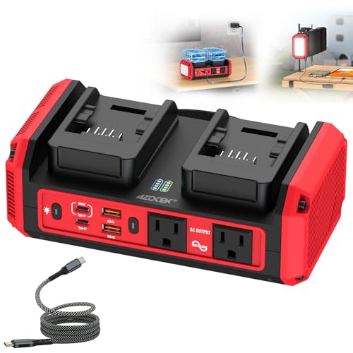 Azocek 350W Power Inverter Pure Sine Wave Compatible with Milwaukee 18V Battery (No Battery) 7A Fast Charger Portable Power Station with 2 AC Outlets 2 Type-C (140W/65W) 2 USB Ports 600LM LED