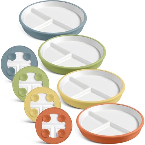Image of Domensi 4 Pcs 8" Large Porcelain Kids Plates with Anti-slip Silicone Sleeve Ceramic Divided Plate with Suction for Toddler Eating Microwave Dishwasher Friendly (Light Yellow,Light Green,Orange,Blue)