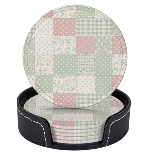 Set di 6 sottobicchieri shabby chic con patchwork floreale e supporto, in pelle, ideali per tavolo da pranzo, cucina, bar e arredamento casa.