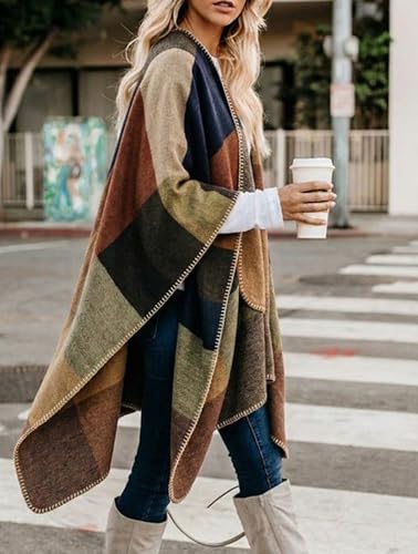 Image of Bestshe Women's Boho Open Front Poncho Plaid Shawl Wrap Cape