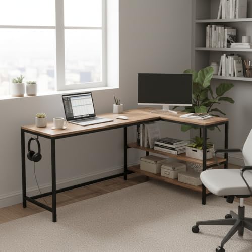 Image of Amazon Brand - Solimo L-Shaped Study Table for Students & Adults | Corner Computer Desk for Home & Office | Gaming Table | Wood & Metal | Classic Forest Dark & Black | DIY Installation