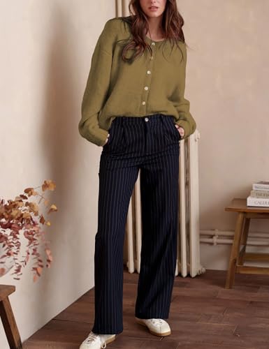Image of Ynhonra Womens Cardigan Sweater Front Button Loose Y2k Long Sleeve Crewneck | Lightweight Knit Ribbed Hem