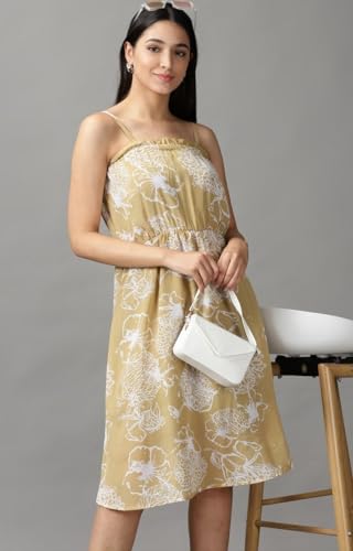 Image of SHOWOFFFF Women Floral Fit and Flare Casual Dress | Shoulder Straps Sleeveless Georgette Dress for Womens | Knee Length Dress for Women's