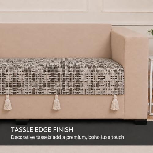 Image of STITCHNEST 'Nomad Weave Collection' 1 Seater Sofa Cover|Elegant Jacquard Fabric, Decorative Tassels, Washable & Durable for Modern Living18