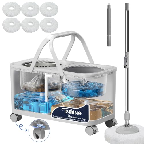Compact Spin Mop for Apartments & Small Spaces Clean & Dirty Water Separation Mop Bucket for Pet Owners & Daily Cleaning 360 Swivel Wheels Safe for Hardwood & Tile Adjustable Handle 6 Mop Heads