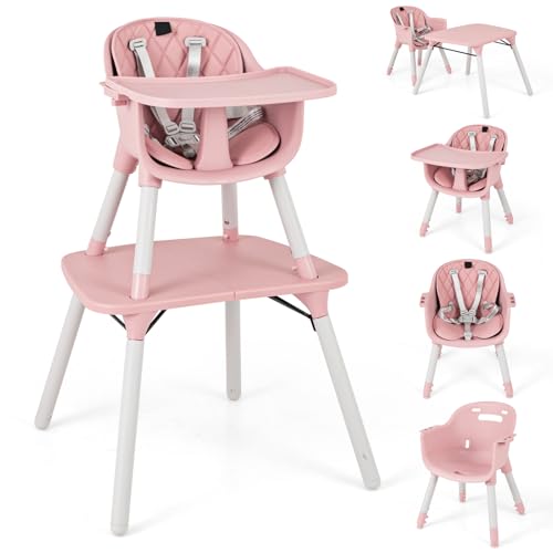 Image of HONEY JOY 5-in-1 High Chair, Convertible Highchair for Babies and Toddlers/Kids Chair Table Set/Infant Feeding Chair w/Safety Harness, PU Leather Cushion & Removable Food Tray (Pink)