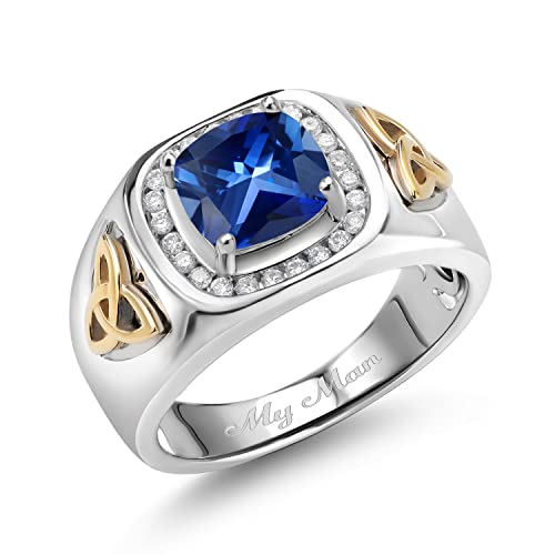 Men's 925 Sterling Silver and 10K Yellow Gold Build your Own Personalized 8MM Cushion Cut Birthstone and White Lab Grown Diamond Ring (2.76 Cttw, Available In Size 7, 8, 9, 10, 11, 12, 13)