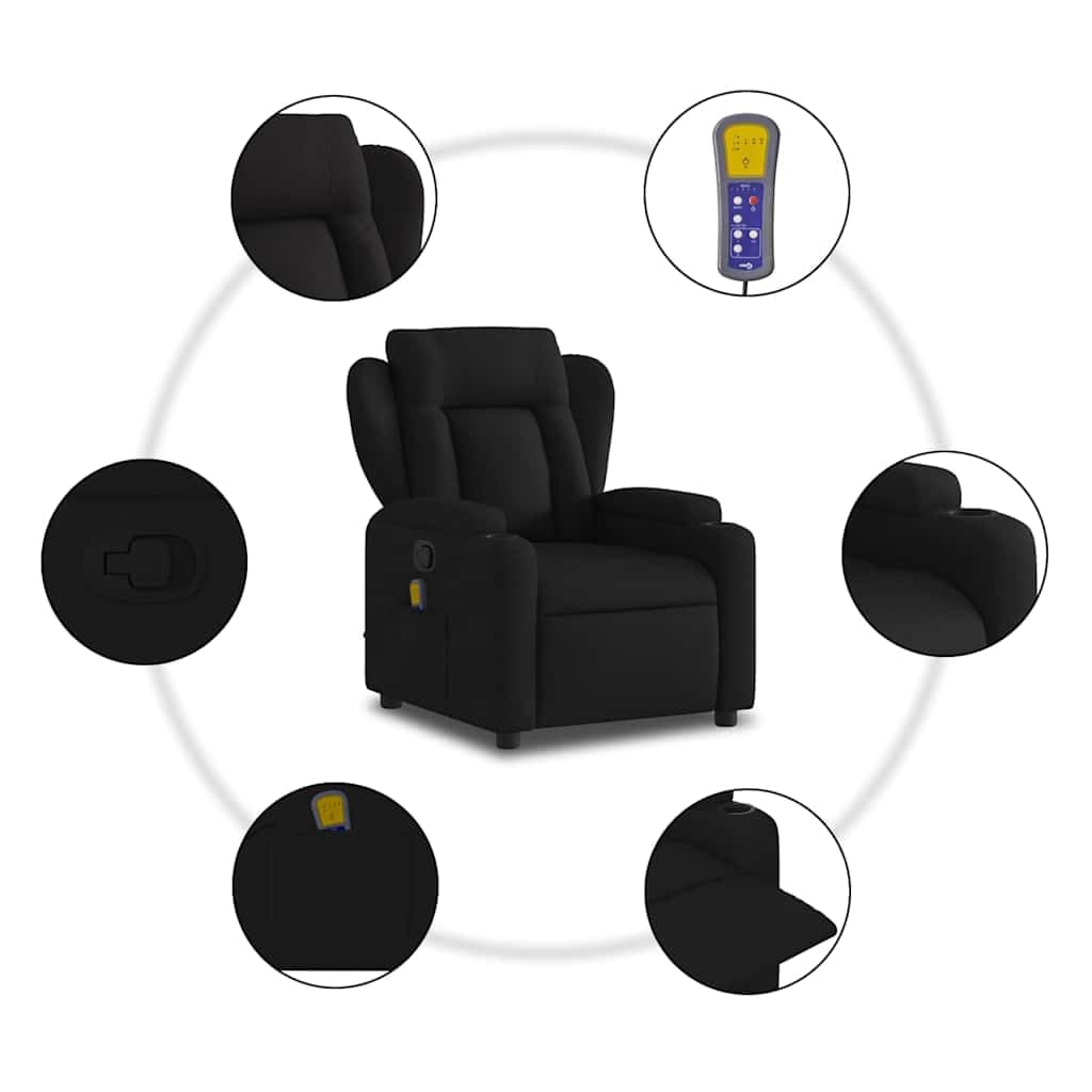Sillón de relax de masaje de tela negra con 6 puntos de masaje vibratorio, función reclinable manual hasta 135 grados, sillón acolchado transpirable con reposabrazos