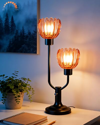 Image of Lightdot Mid Century Modern Flower Table Lamp for Living Room Pink Dimmable | Nightstand Lamp Glass Vintage Black Desk Lamp 2 Bulbs Included Warmwhite Ambient Bedside Lamps for Bedroom Home Decor Gift