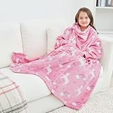 Wearable Fleece Blanket with Sleeves & Foot Pocket for Kids Boys Girls Children,Lightweight Soft Blanket with Sleeves and Hook & Loop 48' x 48' Pink Unicorn