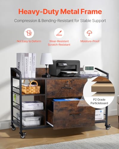 Image of VEVOR 2 Drawers Metal File Cabinet, Lateral Filing Cabinet with Lock and 6 Open Shelves, Wooden Wide Filing Storage Cabinets with Power Strip for Letter, A4, Legal Size File, Easy Assembly, Brown