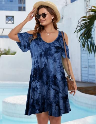 Image of JollieLovin Womens Plus Size Short Sleeve Cold Shoulder V Neck T-Shirt Dress with Pockets