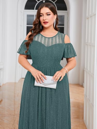 Image of ZOMVA Plus Size Sparkly Mesh Maxi Dress Cold Shoulder Ruffle Sleeve High Low A Line Dresses Wedding Guest Cocktail Party