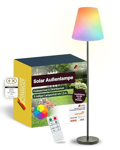 SCHWAIGER Solar Außenlampe I 1,5 m LED-Stehleuchte für draußen I per Fernbedienung steuerbar & IP44 spritzwassergeschützt I dimmbar & mit Farbwechsel I Solarlampe mit 4 Leuchtmodi