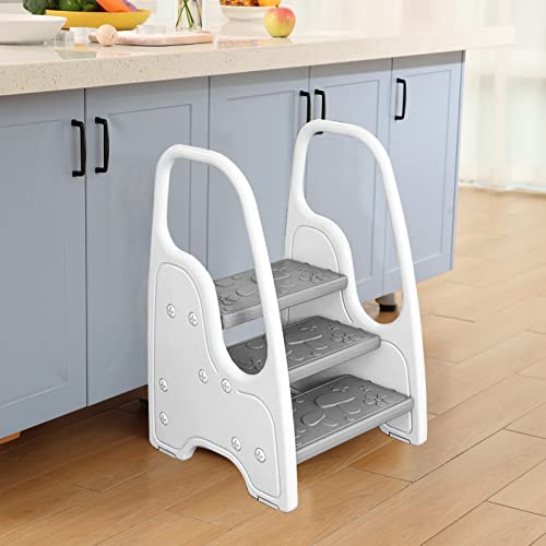 Image of 3 Step Stool for Toddler,Kids Three Step Stool for Bathroom Sink or Kitchen Counter Standing Tower, Children Step Up Learning Helper with Safety Handles and Non-Slip Pads,Blue