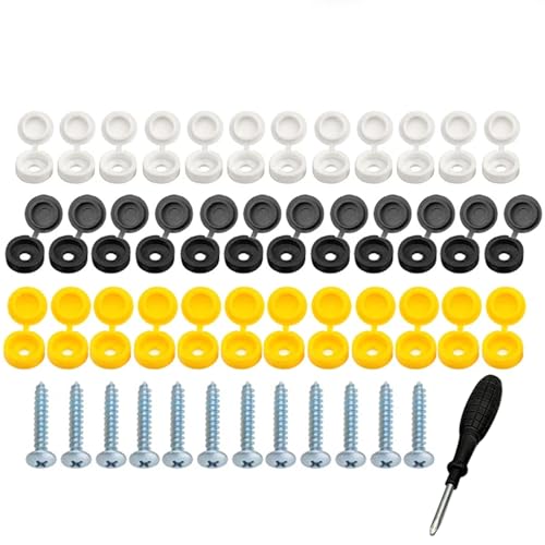 WOLMIK Car Number Plate Screws and Caps - 48 PCS Stainless Steel Car License Plate Screws & Caps with Screwdriver, 36 PCS Caps & 12 PCS Screws Car Registration Plate Fixings Kit - Black, White, Yellow