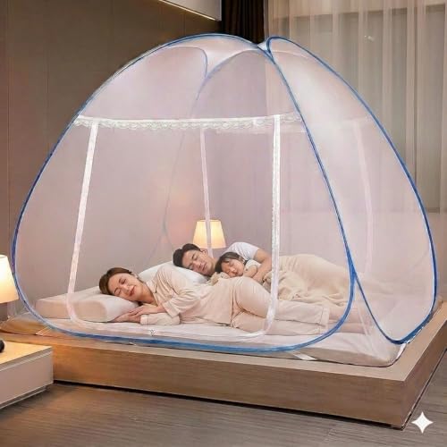 Image of Premium Mosquito Net for King Size Double Bed (6X 6 Feet), Easy Foldable Machardani with Corrosion Resistant PVC Coated Steel Frame, 30GSM 50 Denier Mesh (White)