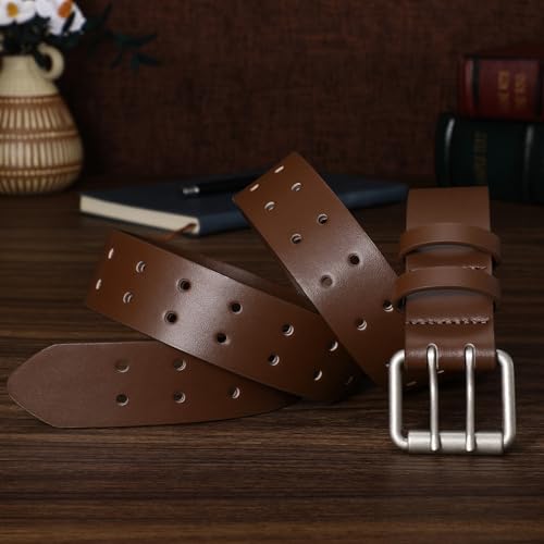 Image of XZQTIVE Men's Double Prong Leather Casual Jeans Belt, Heavy Duty Double Pin Buckle Belt for Work, Business and Daily Wear