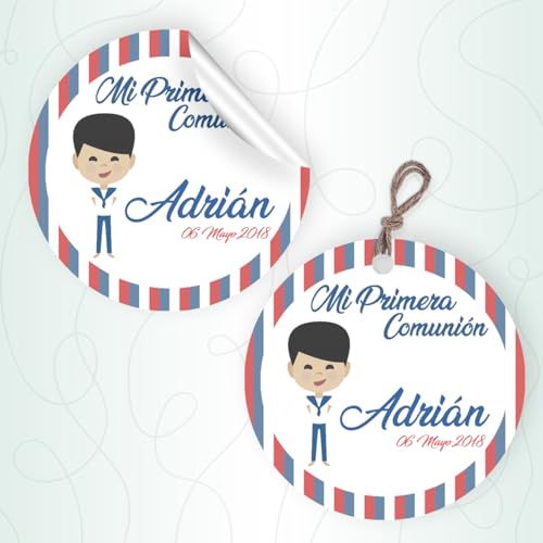 Etiquetas Personalizadas para Comunión de Niño con perfil de colores de 5cm Adhesivas o Cartulina con Cordón. Etiquetas Personalizadas. Etiquetas para Comunión. Etiquetas para Detalles.