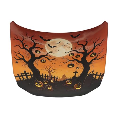 Image of Spooky Halloween Moon Print Car Hood Cover Easy to Install Fabric Hood Cover Halloween Vehicles Decorate Engine Removable Automotive Accessories Personalized Suitable for Cars(59x39 Inch)