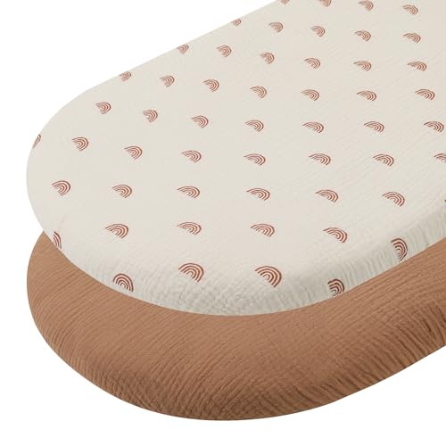 Image of Onacosht Muslin Bassinet Sheets 29"x 14" for Chicco LullaGo Anywhere, Baby Bjorn Cradle and Other Same Size Mattress Pad, Snuggly Soft 100% Cotton 2 Pack, Natural and Rainbow