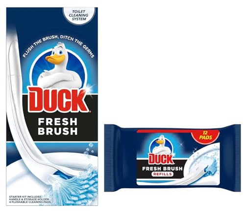 Toilet Dock Fresh Brush with Holder-Toilet Bowl Cleaner Starter Kit [1 Handle + 4 Refills]- with Fresh Brush Refill (12 Flushable Cleaning Pads)